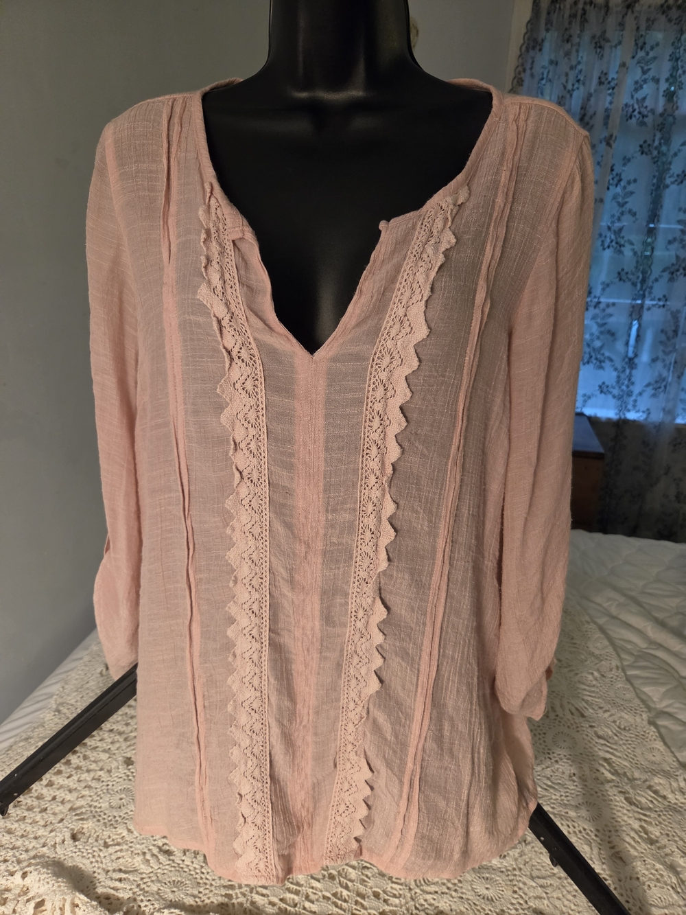 Light Pink Lace-Trim Gauze Peasant Top - Women's
